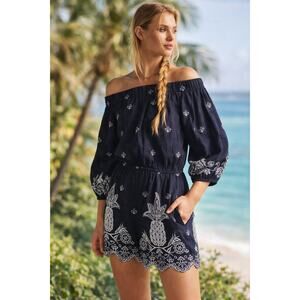 Farm Rio Pineapple Embroidered Romper XS Off Shoulder Linen Vacation